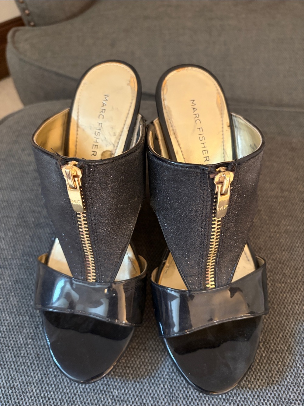 Marc Fisher Black Patent & Fabric Zip-Front Mule Sandals